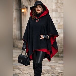 🌹FACTOR Lil Red Riding Hood Black & Red Fleece PONCHO w Red Stitching ONE SIZE